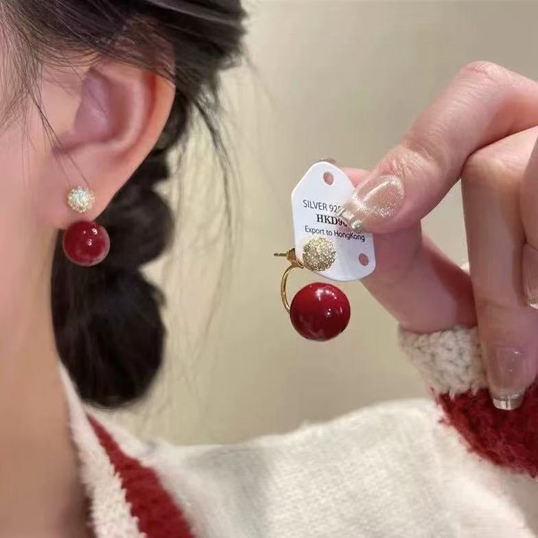 Burgundy fashionable demi-season earrings from pearl