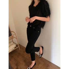 现 2025秋季新款韩国东大门黑色高腰弹力铅笔小脚牛仔裤