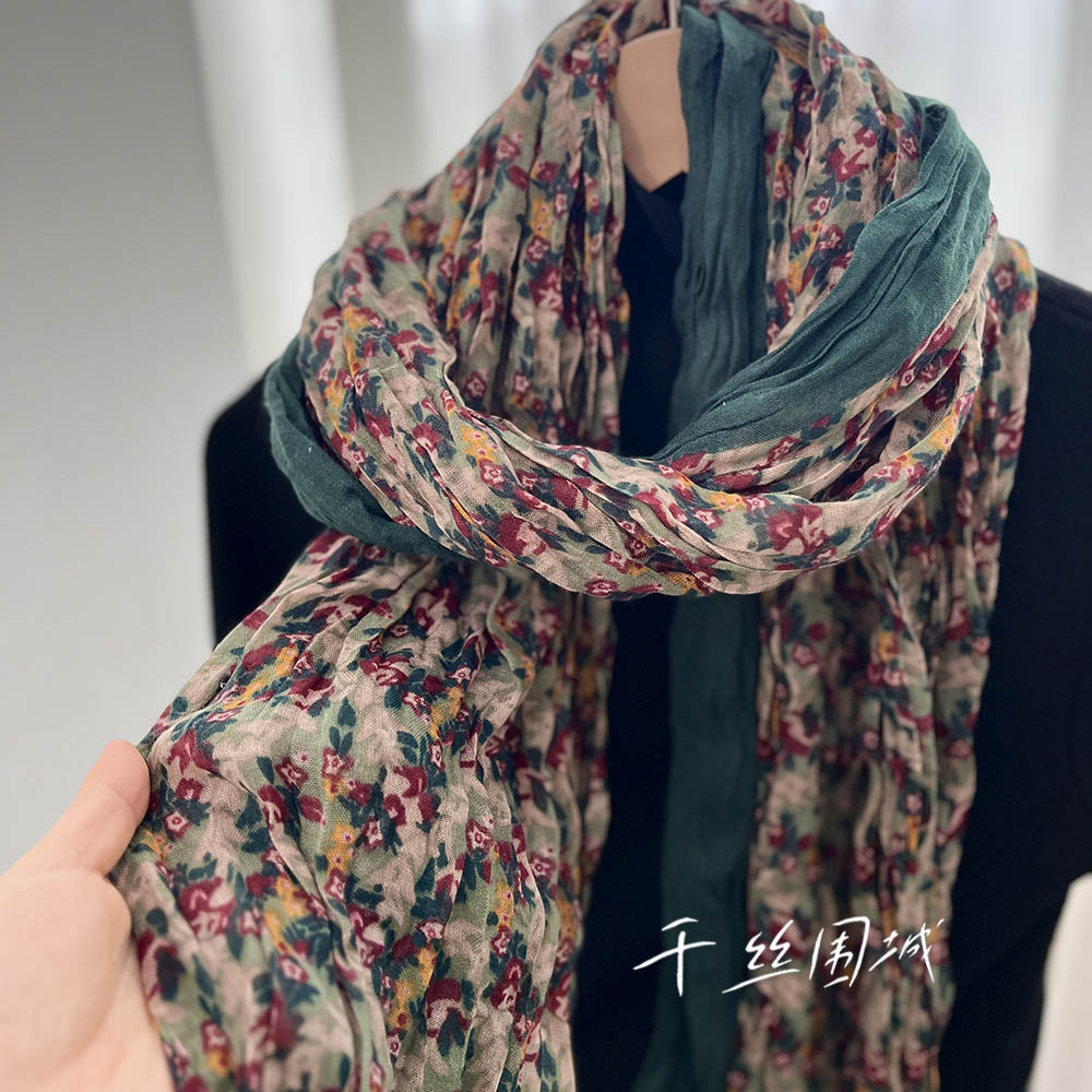 Spring and Autumn Thin Floral Scarf Women's New Retro Japanese Style Cotton and Linen Feel Silk Scarf Summer Sunscreen Headband Beach Towel
