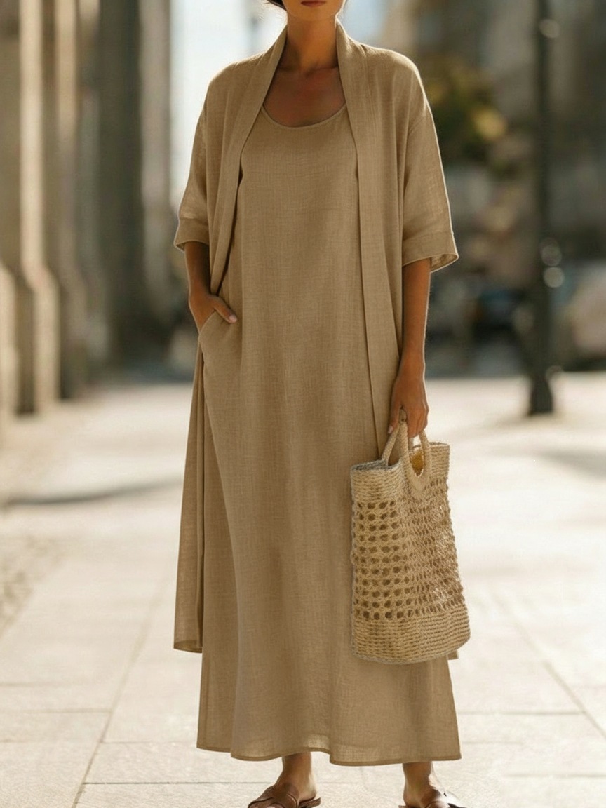Women's Clothing Women's Simple Loose Comfortable Stylish Cotton Linen Two Piece Dress Early Summer Perfect Clothing_ecoleips.com
