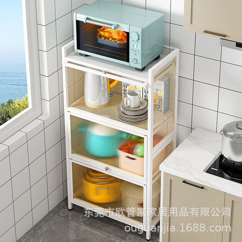 Piso de la cocina estante de almacenamiento de acero al carbono de múltiples capas a prueba de polvo gabinete con la puerta del gabinete horno de microondas olla rack de almacenamiento transfronterizo
