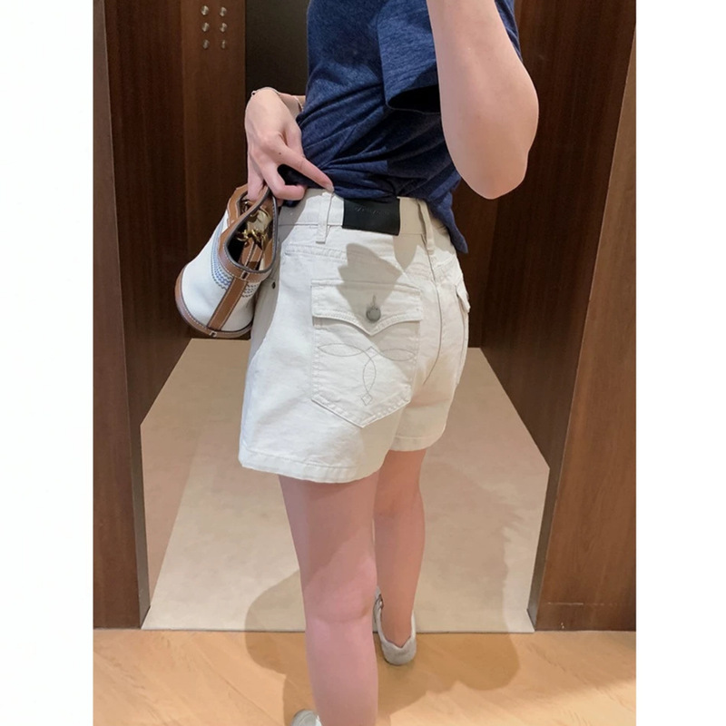 Cotton white shorts! Pique cotton eco-enzyme washed embroidered pocket denim hot pants, slim-fit casual pants