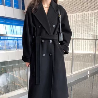 新款纯色毛呢外套中长款女秋冬季法式过膝通勤气质宽松呢子大衣