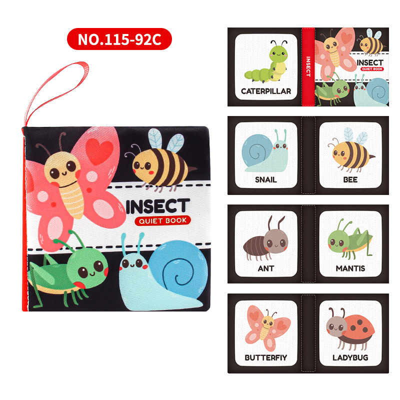 Cuatro libros de tela tridimensionales transfronterizos para bebés juguetes de educación temprana 4 caras 8 páginas en inglés libros de palma de alimentos y cognición animal libros de tela para bebés