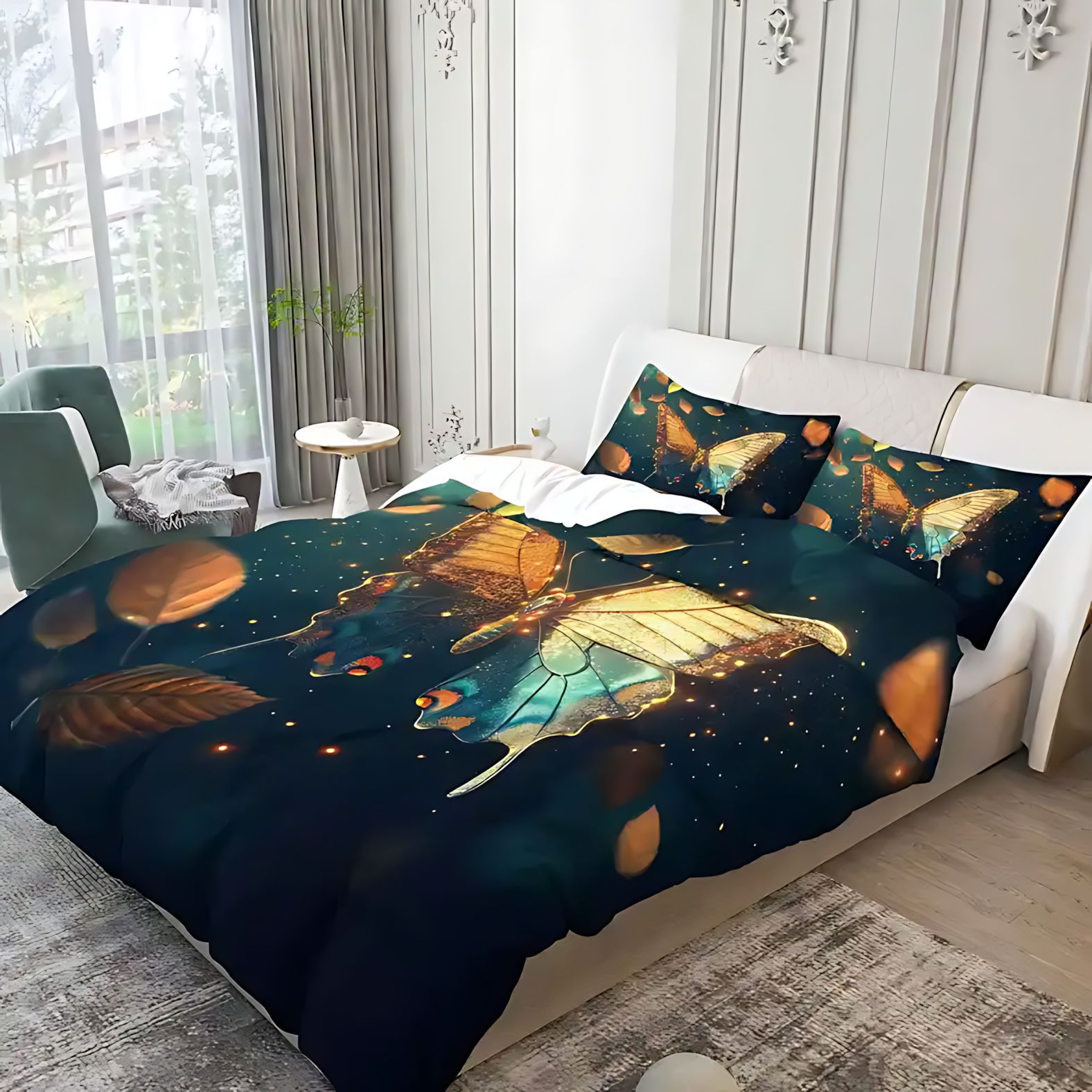 TEMU / JIT transfronterizo verde oscuro mariposa 3D molido impresión digital colcha suave set de almohada exclusivo transfronterizo