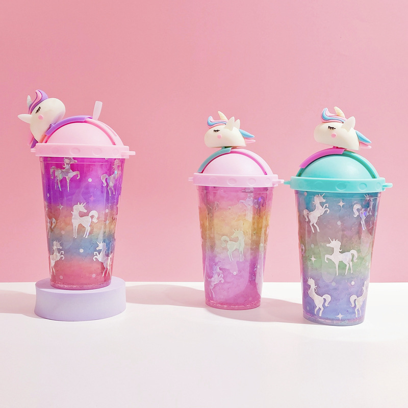 Manufacturer wholesale water cup unicorn ice cup cooling ins girl student double-layer plastic straw cup portable cup 