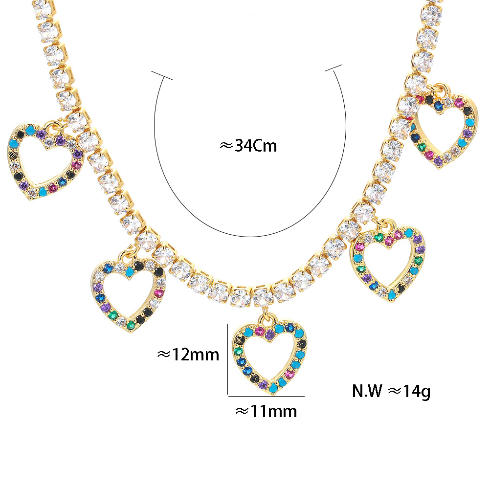 Geometric Pattern Unisex Gender Korean Fashion Heart Pendant Necklace Female Copper Inlaid Color Zircon Clavicle Chain