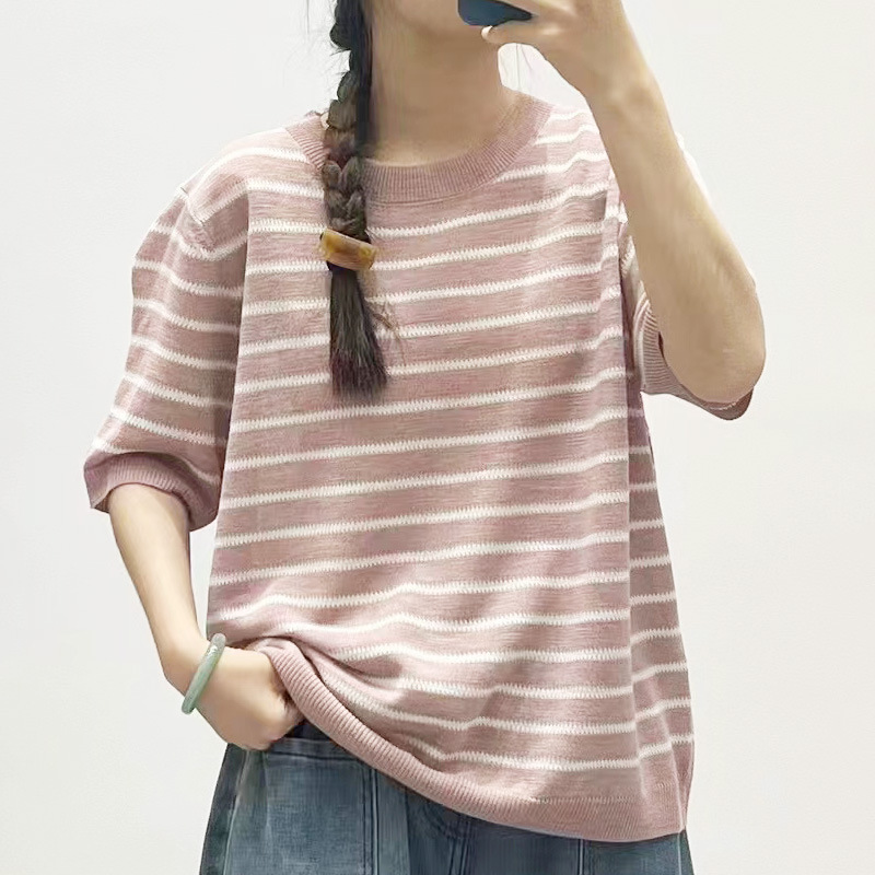 Summer knitted bamboo sweater with a round collar
