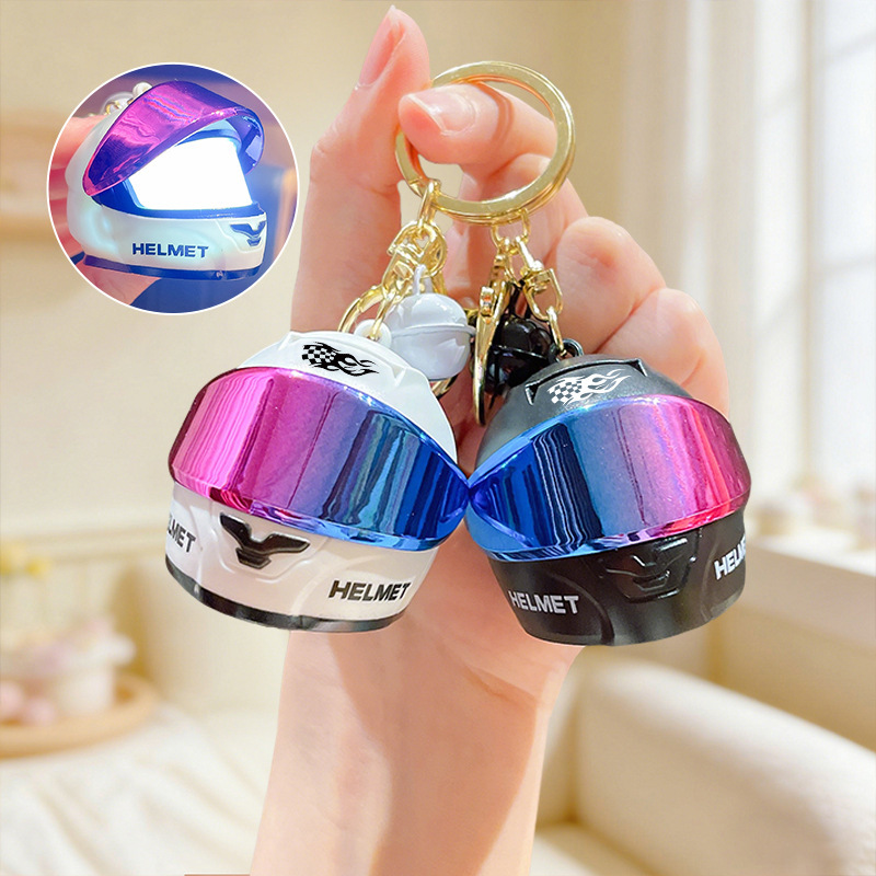 Creative and Personalized Mini Luminous Motorcycle Helmet Keychain Pendant Cartoon Student Backpack Keychain Decoration Gift