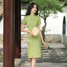 旗袍2022年新款女夏季绿色小个子中长款改良淑女装连衣裙旗袍批发