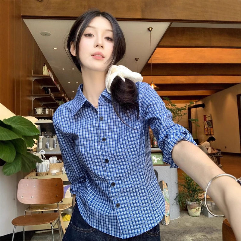 Korean High-End Polo Collar Plaid Shirt Women's Spring & Fall Retro Blue Slim Slim Shirt Long-Sleeved Top