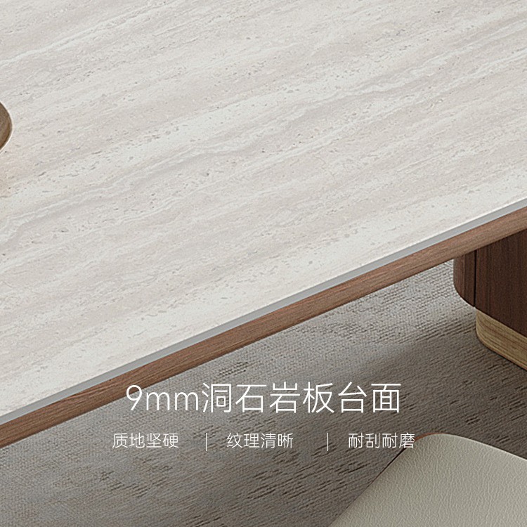 Mesa de mesa de mesa de mesa de la isla, una placa de roca de travertino, grano de madera de nogal negro, sensación de alta calidad, lujo ligero, armario de almacenamiento retráctil para el hogar contra la pared