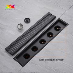 Black 304 Stainless Steel Long Floor Drain, Hotel Shower Room High-Capacity Engineering Floor Drain with Extended Odor-Proof Strip