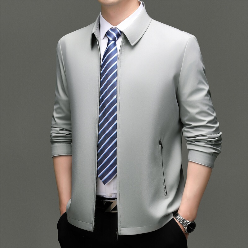 Stylish men's silk business jacket, suitable for middle-aged fathers, with a fall/winter design, featuring a stand-up collar, and offering a high-end, business-casual look Stylish men's silk business jacket, suitable for middle-aged fathers, with a fall/winter design, featuring a stand-up collar, and offering a high-end, business-casual look