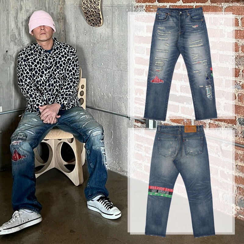 Edison Chen's Joint Longevity Bull King Jeans Men's Destruction Washed Dressed 50 Red Ear Straight Casual Pants
