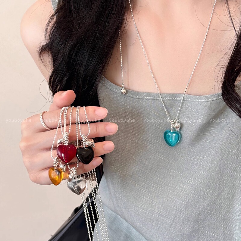 Korean Blogger's Same Style Summer Dopamine Heart Pendant Necklace Women's Pull-Out Adjustable Personalized Clavicle Chain Accessories