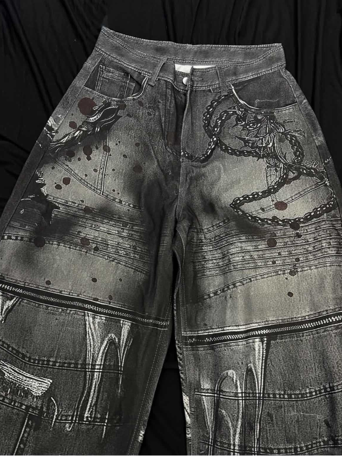 Transfronterizos estadounidenses vintage impresión jeans nuevos estilos de tinta de alta calle viento de desechos de tierra hacer viejos pantalones de piernas relajados