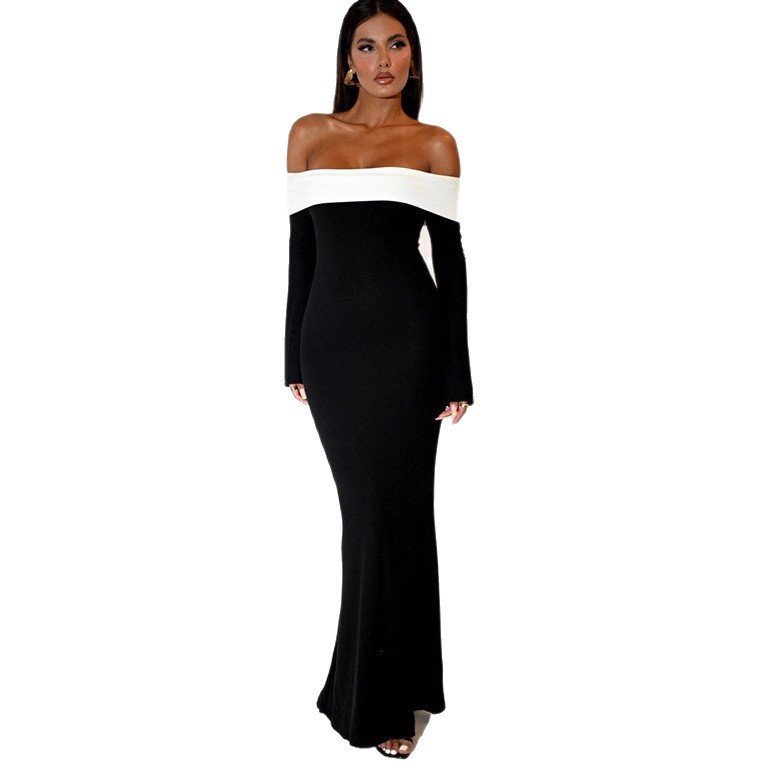 Comercio exterior invierno de estilo europeo y americano nueva moda de mujer color contraste de hombro delgado mangas largas vestido de cola de pez mujer image 6