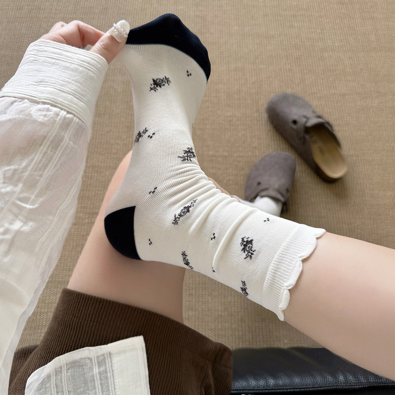 早秋日系小碎花nanye复古中筒袜子女撞色舒适ins风纯棉无骨堆堆袜|undefined