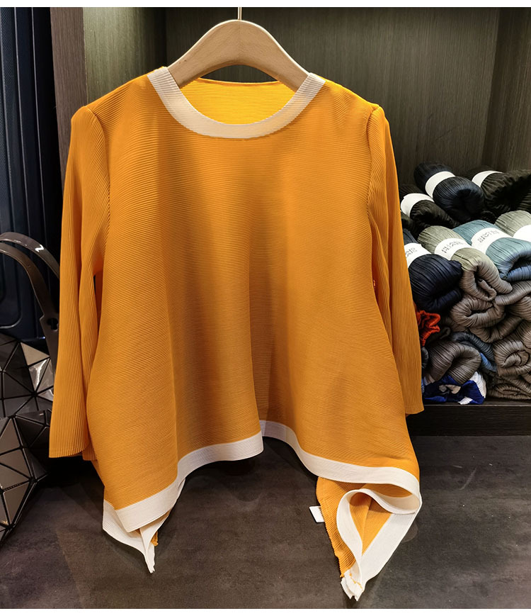 Áo thun nữ cổ tròn tay lỡ phối màu tương phản, dáng rộng xếp ly bất đối xứng — Màu xanh, Màu tím hồng, Màu đỏ hoa hồng, Màu hồng chi tiết 21