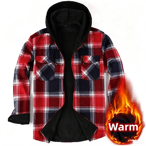 Popular Foreign Trade Plaid Men's Warm Shirt, Flannel Hooded, Fleece-Lined, Thickened, Large Size Plaid Men's Long-Sleeve Wholesale
