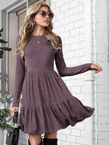 2025 European and American Cross-border Elegant Round Neck Pleated Polyester Dress