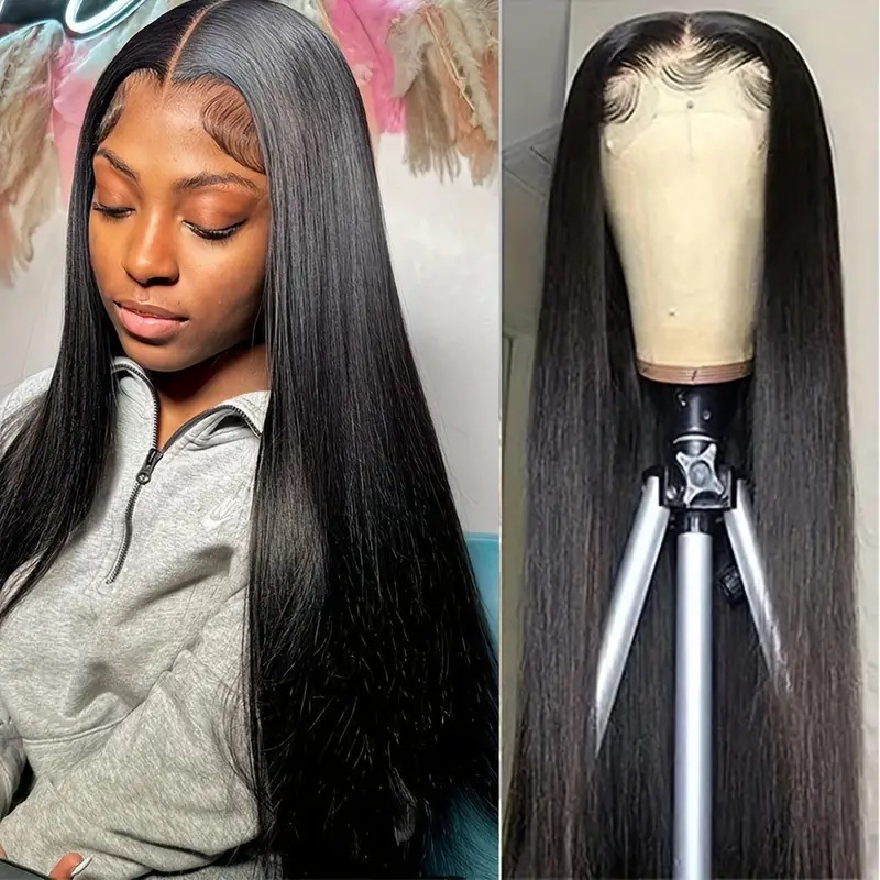 Synthetische Perücke Lang Schwarz Glatt Lace Front Vollkopfhaube_voghion.com