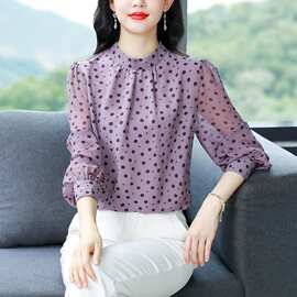 正品牌春季真丝雪纺衬衫女士长袖衬衣时尚波点气质减龄妈妈装体恤