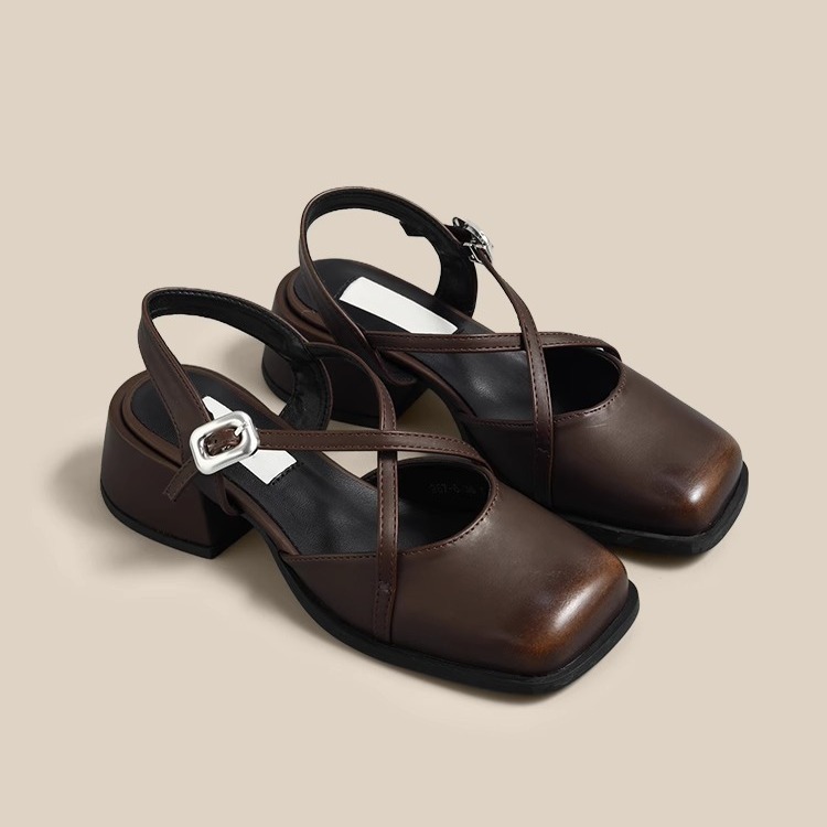 Cuerpo de cordero de hebilla cruzada estilo retrógrado francés sandalias de baquete para mujeres perezosas zapatos de talón grueso Mary Jane