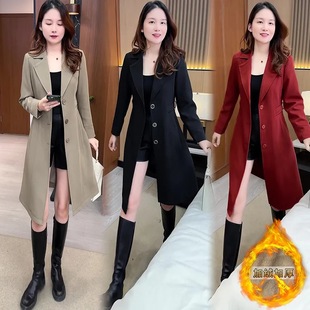 Windbreaker Jacket for Women in Autumn and Winter New Style Fleece-Lined and Thickeneded Fashionable Suit Collar Small Korean Style Waist Mid-Length Outer Outwear