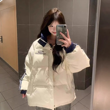 高级感拼接三杠立领棉服女冬季新款条纹宽松百搭学生棒球服外套女