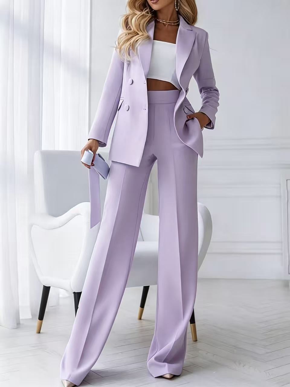 Women's Clothing Professional Elegant Two Piece Set Style High End Women's Suit Set Double Breasted Lapel High Waisted Wide Leg Trousers_ecoleips.com
