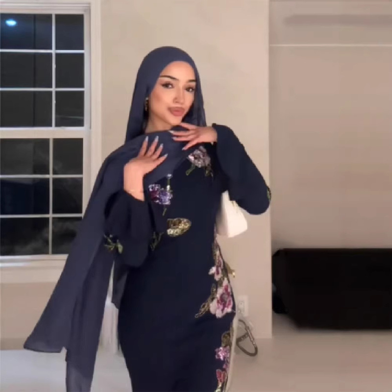 Cross-Border Amazon 2026 Autumn New Women's Elegant Navy Blue Floral Embellished Long Dress for Women Cross-Border Amazon 2026 Autumn New Women's Elegant Navy Blue Floral Embellished Long Dress for Women