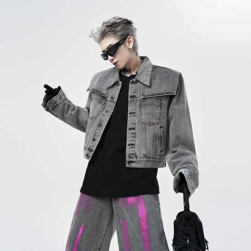 Fake Two-piece Design Sense Denim Jacket Men's American-style High Street Waste Earth Style Vintage Short Splash Ink Grey Trendy Jacket