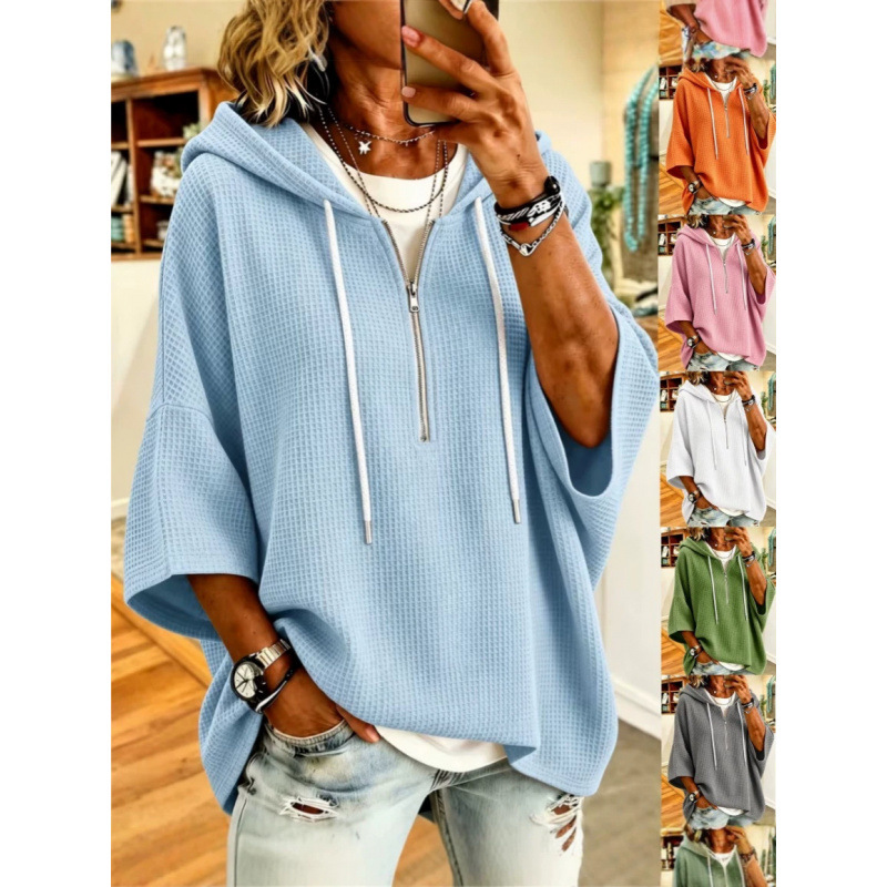 2026 European and American Tiktok cross-border new women's clothing: Zippered hooded drawstring waffle sweatshirt paired with a loose batwing top 2026 European and American Tiktok cross-border new women's clothing: Zippered hooded drawstring waffle sweatshirt paired with a loose batwing top