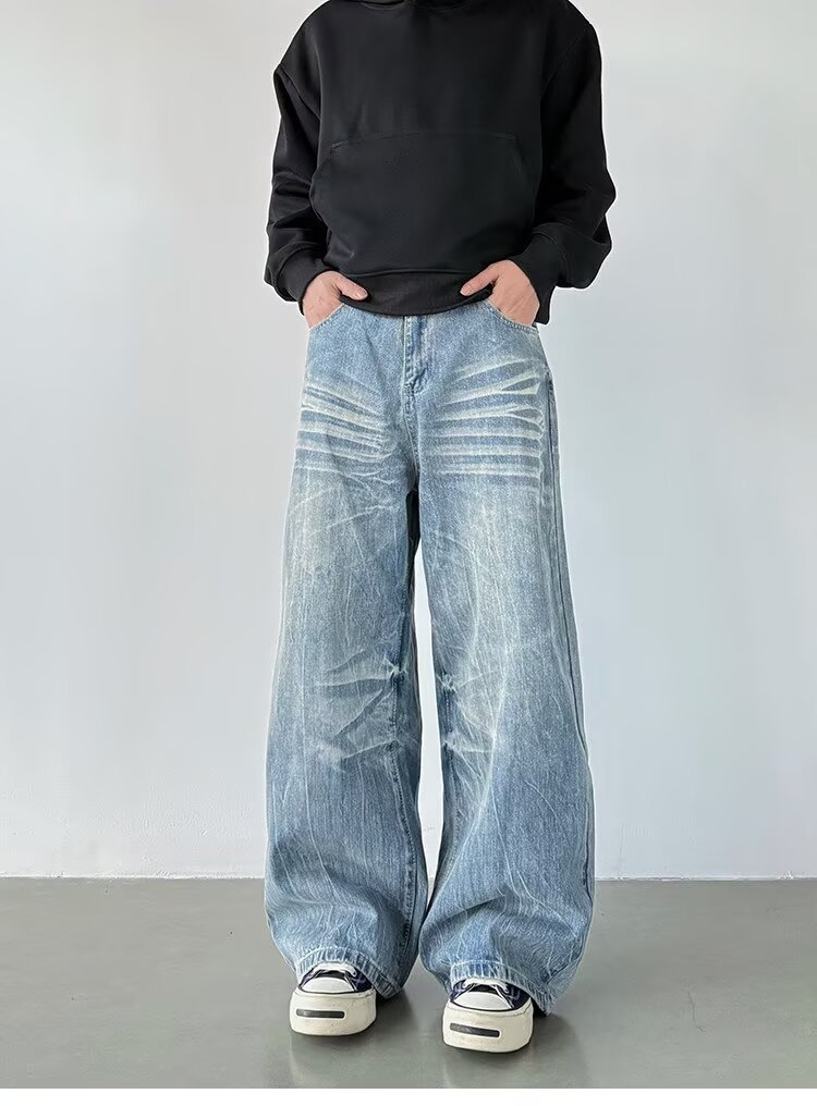Wide Leg Denim Jeans With Lightning Bolt Pattern For Men And Women_voghion.com