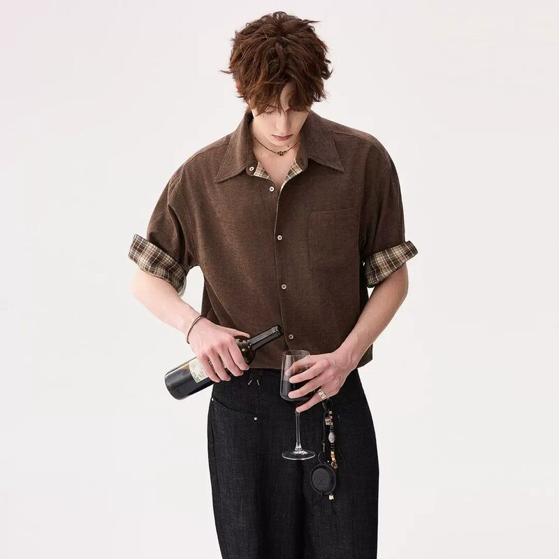 Retro Old Money Style Plaid Patchwork Short-Sleeve Shirt for Men, Light Luxury High-Quality Loose Design Trendy Top Retro Old Money Style Plaid Patchwork Short-Sleeve Shirt for Men, Light Luxury High-Quality Loose Design Trendy Top