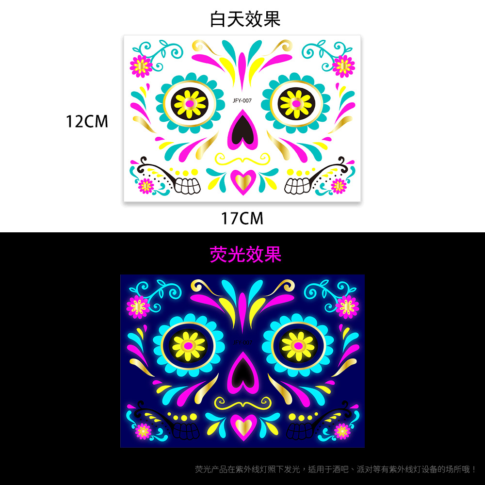 Tatuajes Temporales Metalizados para Cara de Papel de Transferencia de Agua, Fluorescente para Fiesta de Halloween