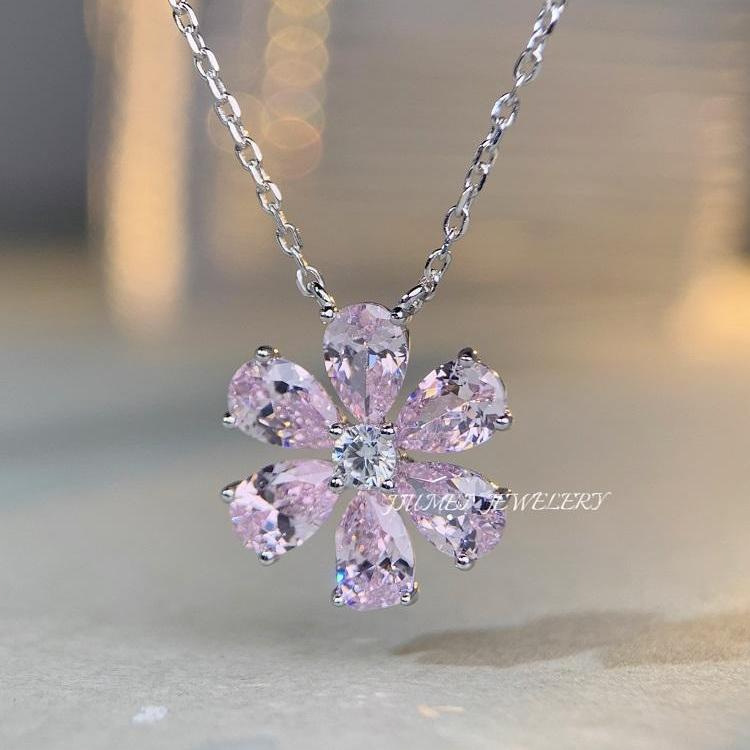 項鍊夏天ins風簡約小眾粉鑽花朵5A鋯石鎖骨鏈s925純銀項鍊女批發