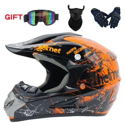 motorcycle helmet Four Seasons men, Motosiklet kaskı (dəbilqə) - orange-floral-goggles-mask-black-gloves-s