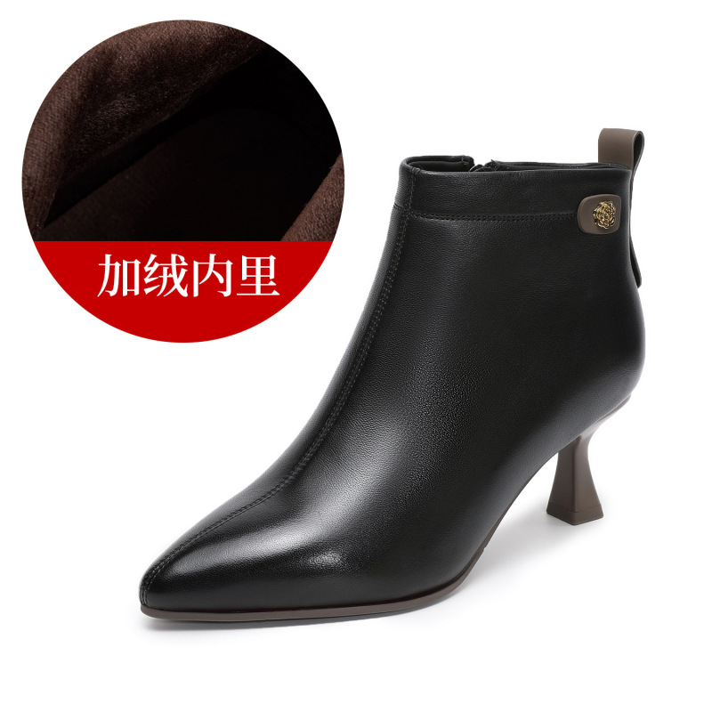 轻奢羊皮靴子女尖头细高跟气质时尚通勤小短靴秋冬新款时装及踝靴|undefined