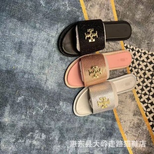 Tb Summer New Style Rhinestone Large Size Flats Bottom Women's Slippers Beach Slippers Women's One-Line Women's Slippers