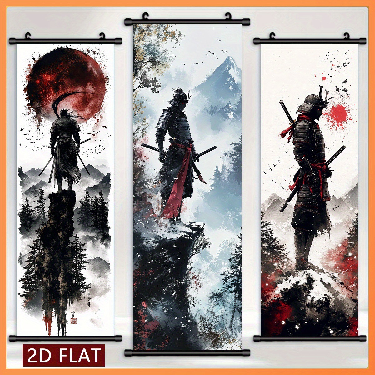 义乌JIT送仓2D水墨武士挂画背景布TEMU爆款SHEIN亚马逊ETSY亚马逊