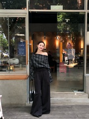 2025新款时尚套装格子斜肩长袖衬衫女秋季条纹阔腿裤休闲裤两件套