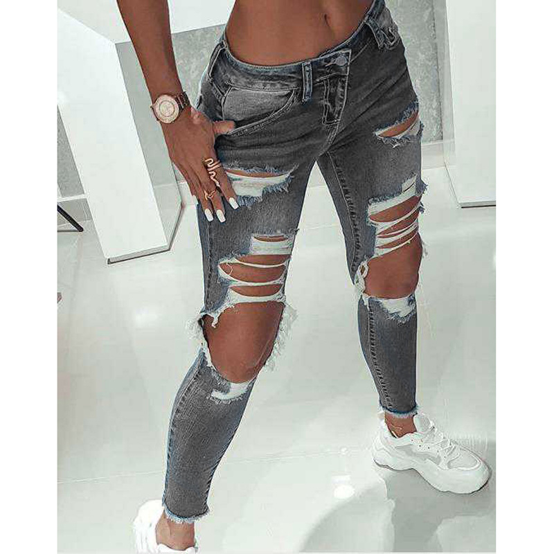 low waist washed elastic ripped jeans NSHM118840