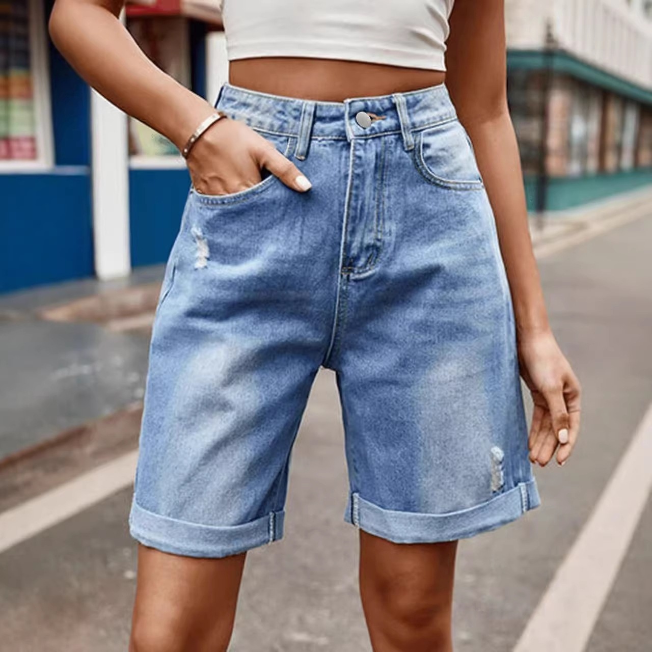 2026 European and American Cross-Border New Fashion Women's Casual Vintage Washed Denim Shorts Loose Fit with Holes