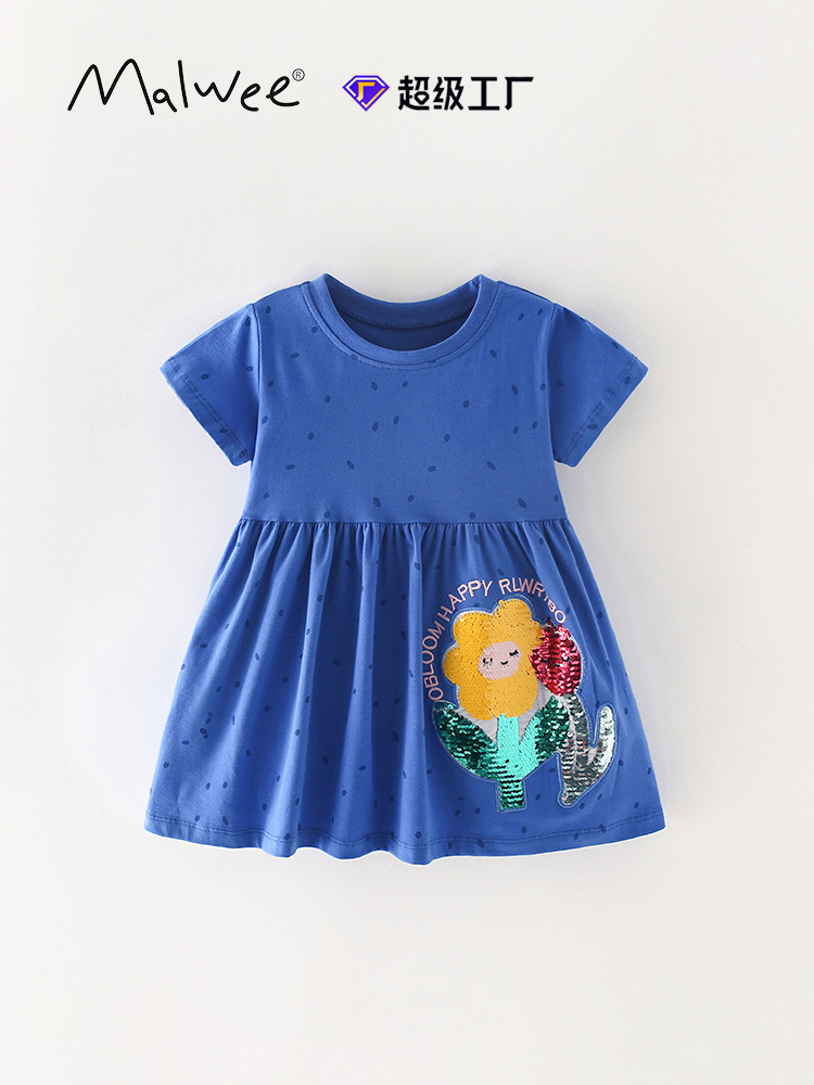 Malwee falda de niña de verano nuevo estilo europeo y americano niño de cuello redondo de manga corta vestido de niña de estilo extranjero