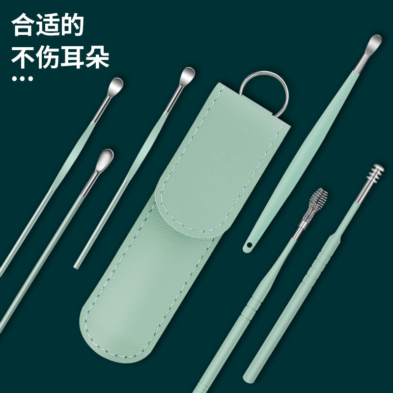 Portable stainless steel 6-piece ear pick, double-ended spiral ear scoop, ear cleaner tool