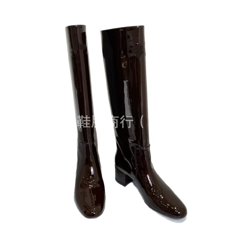 高端品质2025秋冬真皮圆头复古粗高跟显瘦不过膝长靴高筒时装靴女|undefined