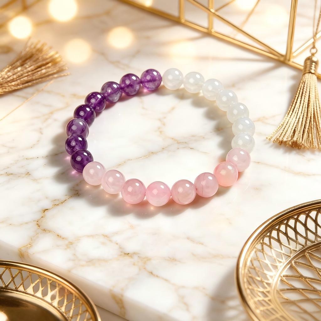 European and American Amethyst Obsidian Beaded Bracelet Pink Crystal White Jade Healing Natural Stone Bracelet Anxiety Relief